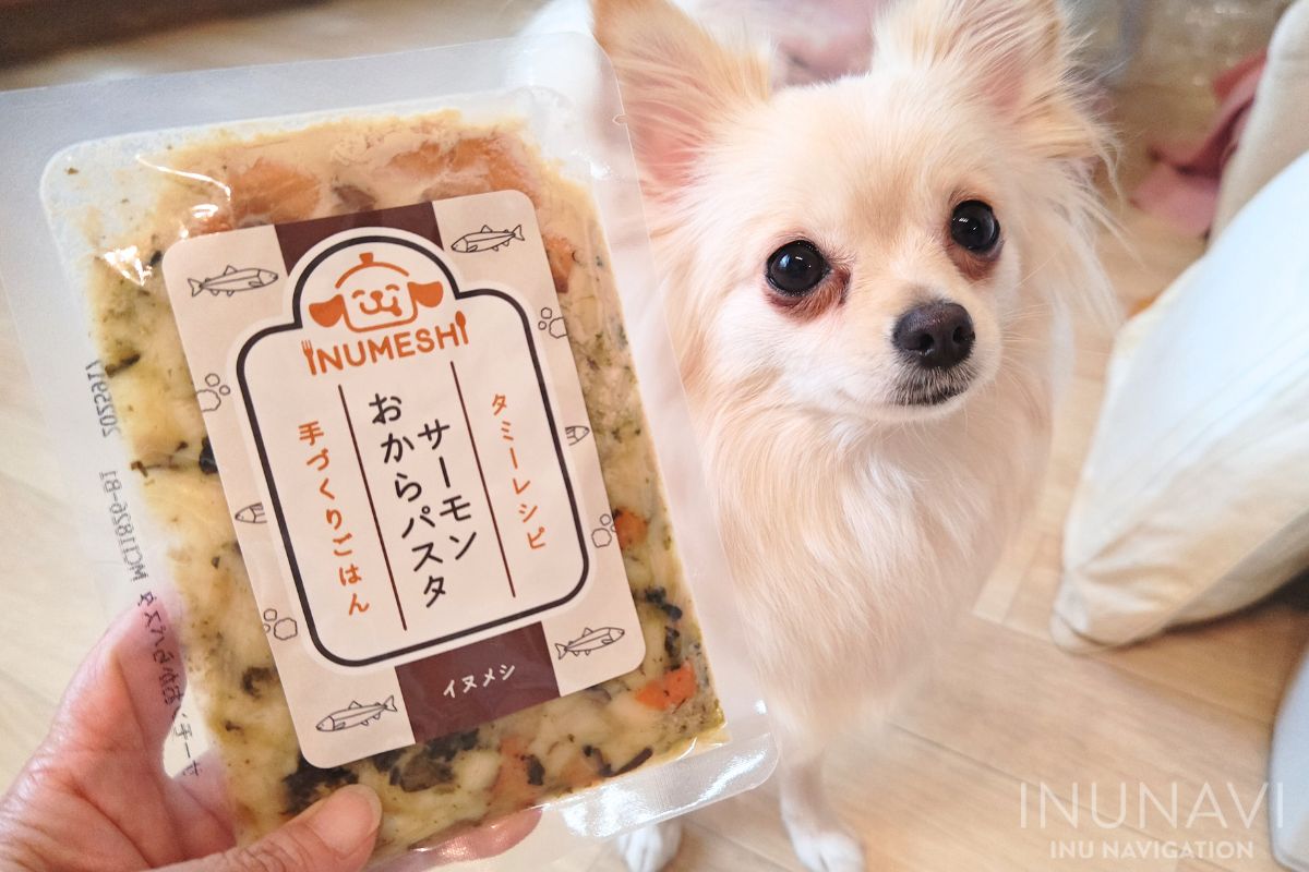 タミーレシピ　サーモンおからパスタ　パッケージと愛犬